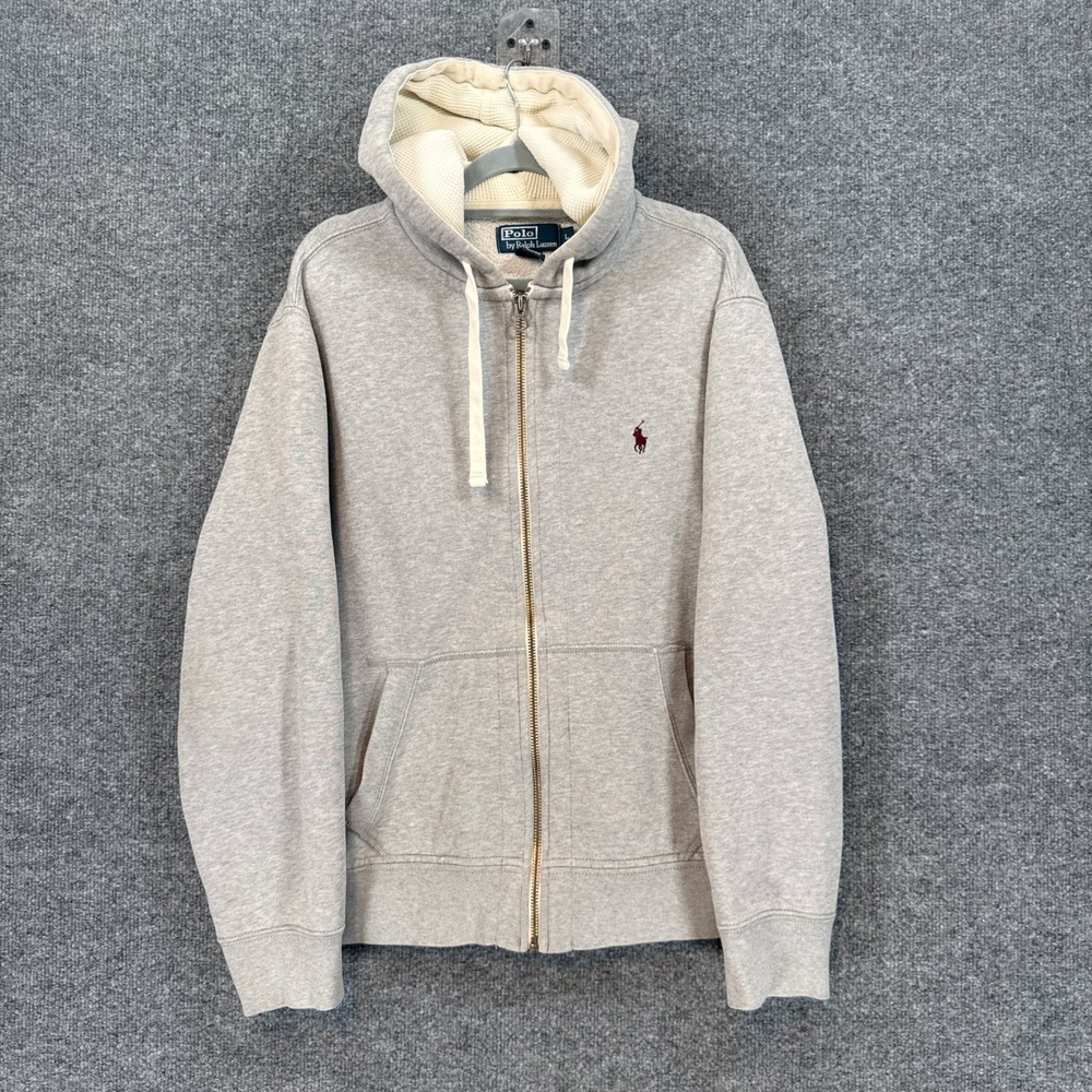 Polo Ralph Lauren Hoodie Mens Large Gray Waffle Lined Full Zip Sweatshirt Y2K